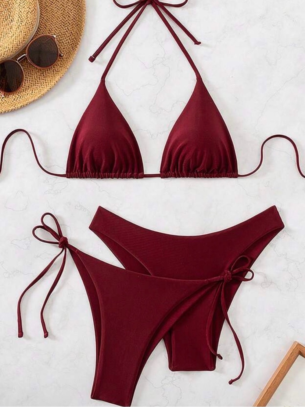 Women’s Burgundy Tie-Side Bikini Set - Classic Triangle Top - Size M - NWT